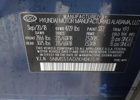 2019 Hyundai Santa Fe Limited z USA, uszkodzony, nr VIN 5NMS53AD7KH042519